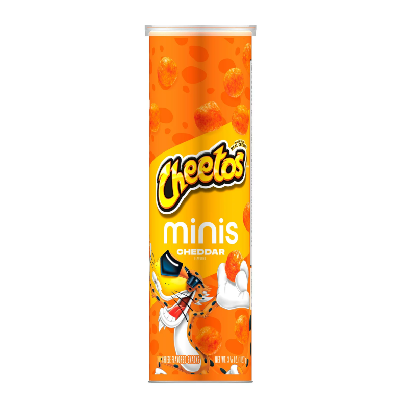 Front of Cheetos Minis Cheddar pack showing the logo, cheese-flavoured snacks, and bright orange design (103g pack)