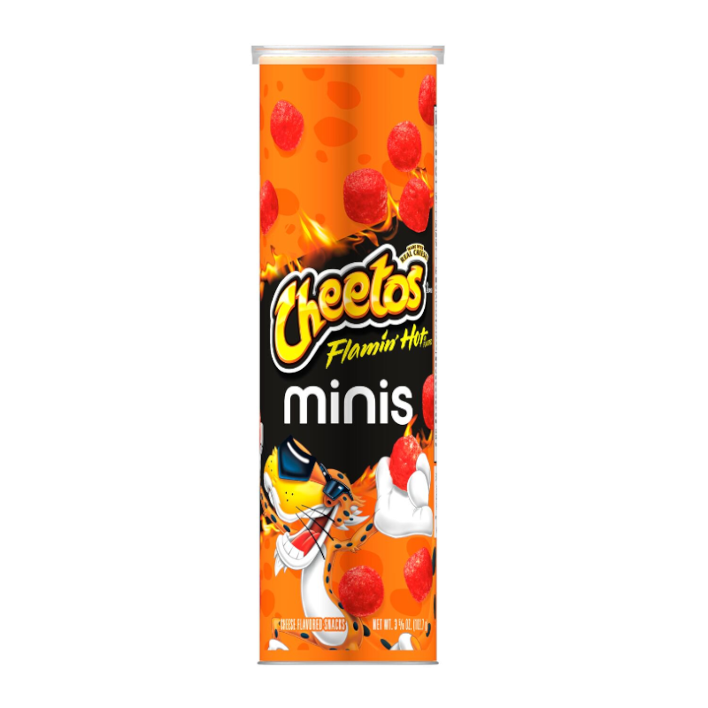 Front of a Cheetos Minis Flamin’ Hot pack displaying the logo, bold flavour cues, and vibrant red snacks (103g pack)