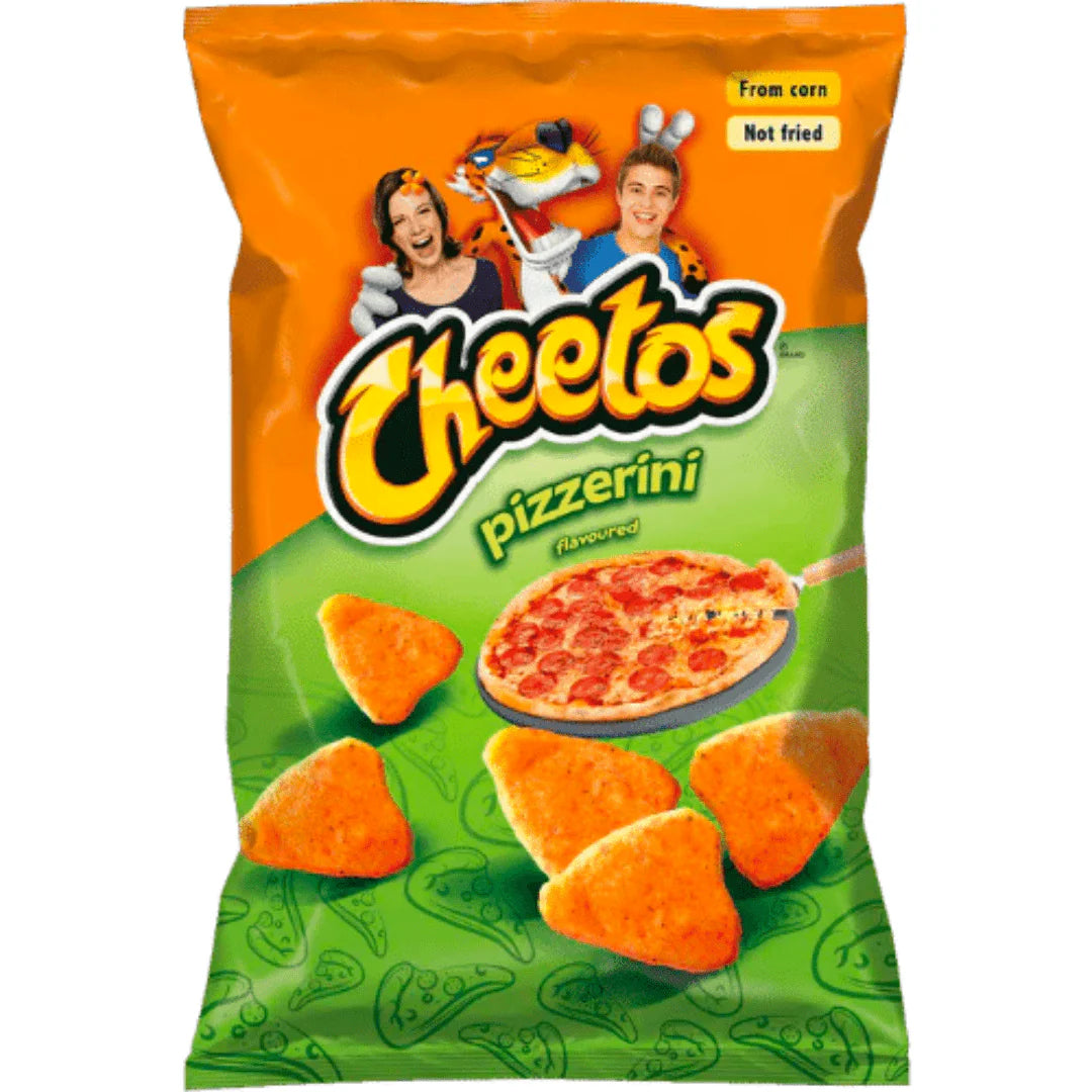 Front of Cheetos Crunchy Pizzerini XXL bag showing the logo, pizzeria flavour, and crunchy snack pieces (160g pack)