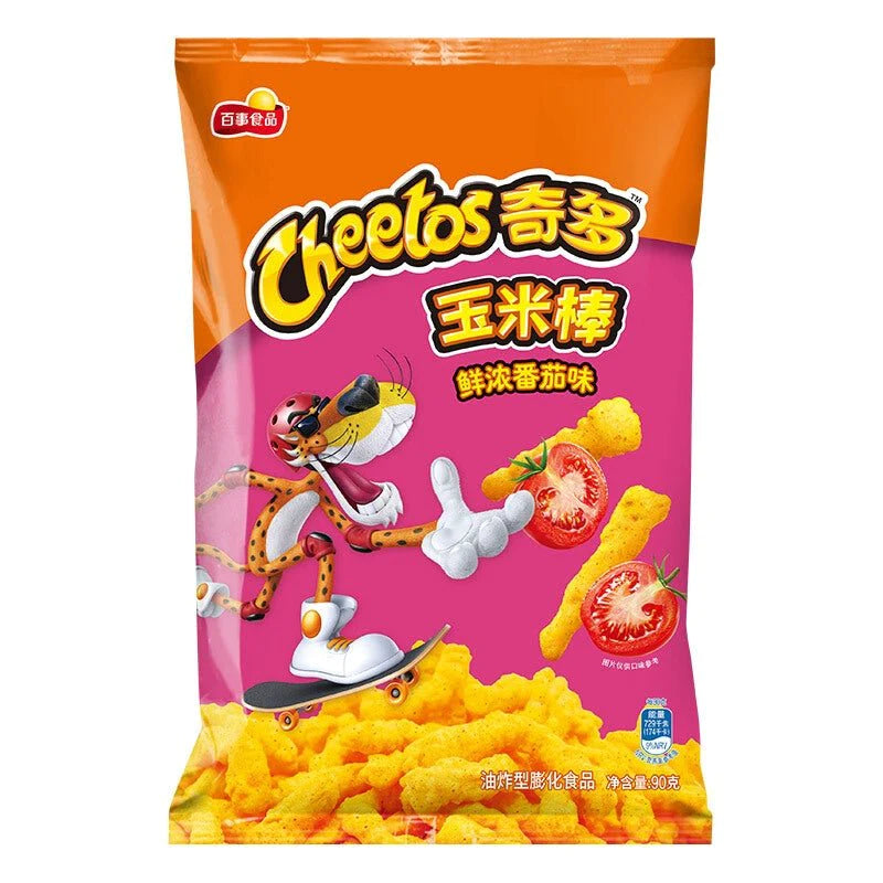 Front of Cheetos Tomato bag showcasing the bright label, featuring a playful Cheetos character and images of tomatoes (90g pack)