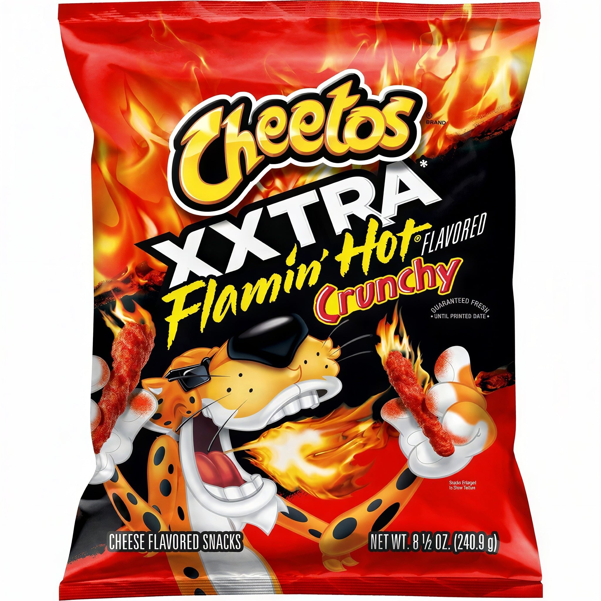 Front of a bag of Cheetos XXTRA Flamin' Hot Crunchy Cheese Snacks showing logo, spicy snack illustration, and a 226g label.