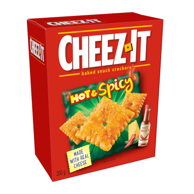 Front of Cheez It Crackers Hot & Spicy box showing red packaging with the logo, hot & spicy flavour text, and image of snack crackers (191g pack)