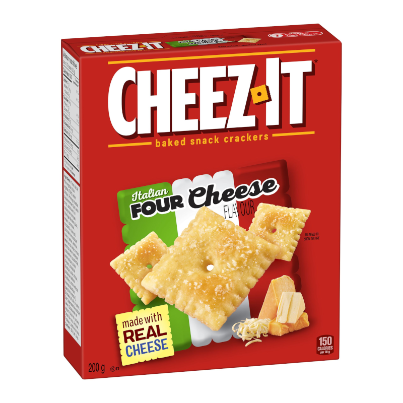 Front of Cheez It Crackers Italian Four Cheese pack showing the brand logo, rich cheese flavour label, and the pack size of 200g
