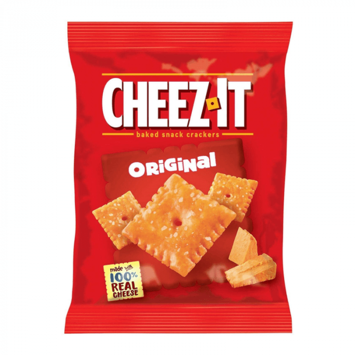 Front of a red bag of Cheez It Original with logo and crackers displayed, featuring a 42g pack size.