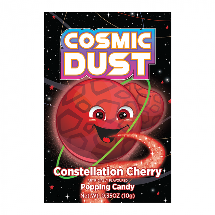 Front of Cosmic Dust Constellation Cherry Popping Candy package featuring vibrant space-themed graphics and cherry flavour label (10g pack)