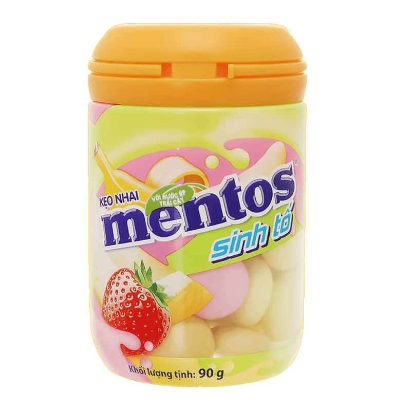 Front of Mentos Gum Fruit Smoothie container displaying bright design, logo, fruity flavours, and 90g pack size