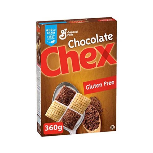 Front of Chex Chocolate Cereal box showing bold logo, chocolate flavour, and gluten-free label (360g pack)