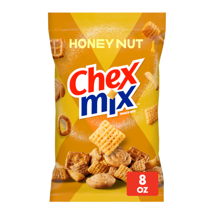 Front of a bag of Chex Mix Honey Nut showing the logo, crunchy snack pieces, and 248g pack size