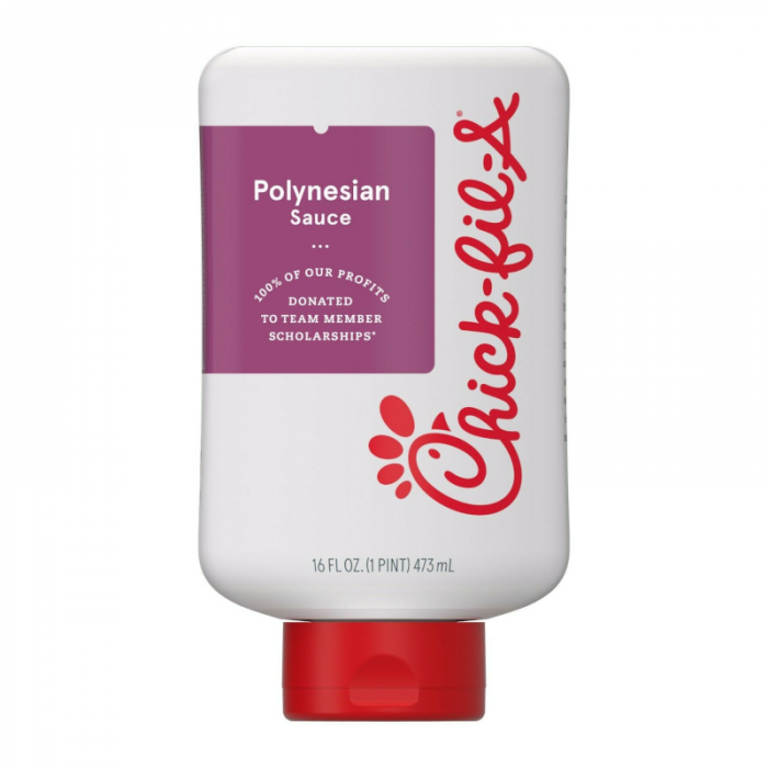 Front of Chick-Fil-A Polynesian Sauce bottle, featuring the brand logo, sauce name, and 473ml size label.