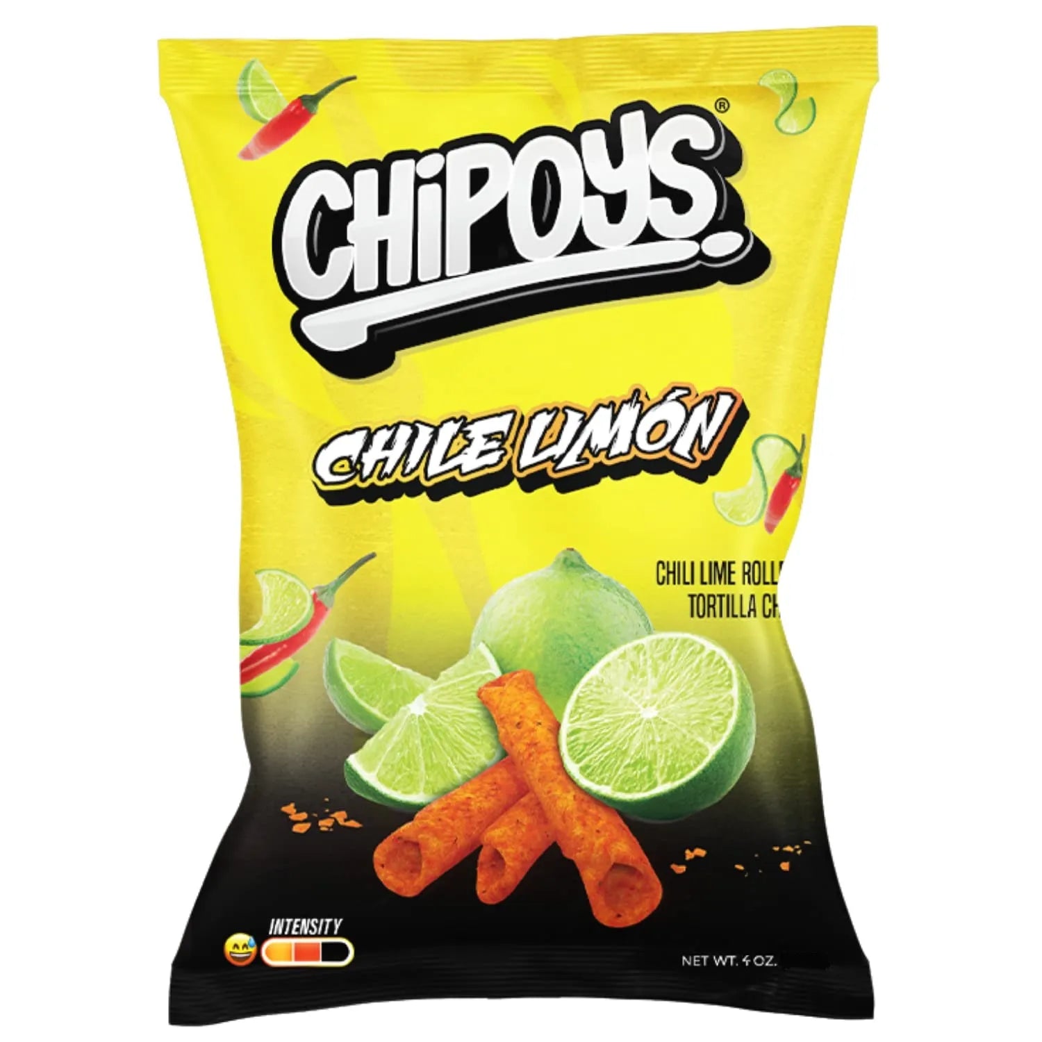 Front of Chipoys Chili Limon Rolled Tortilla Corn Chips bag showing bright yellow packaging with chili and lime visuals and 113.46g label