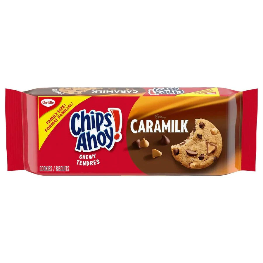 Front of Chips Ahoy Chewy Cadbury Caramilk Family Size Pack showing logo, chewy cookies, and Caramilk details (453g pack)