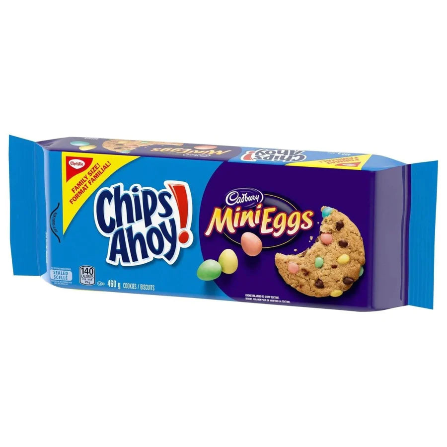 Front of Chips Ahoy Cadbury Mini Eggs Family Size Pack showing the vibrant cookie design with mini eggs and 460g size label