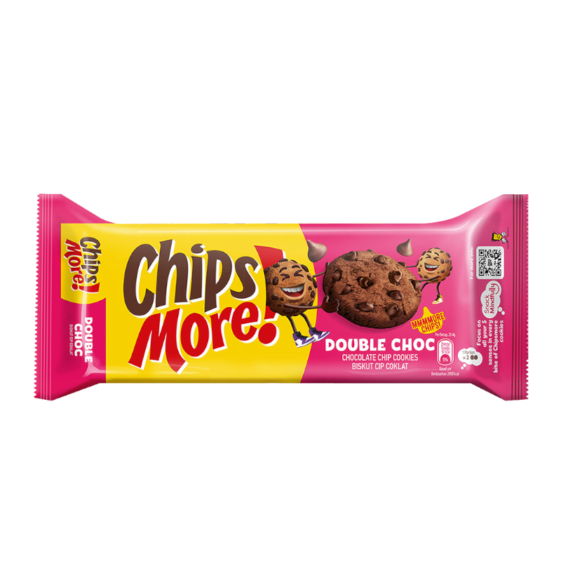 Front of Chips More! Double Chocolate Cookies packaging featuring bright colours, cookie image, and chocolate chip details (153g pack)