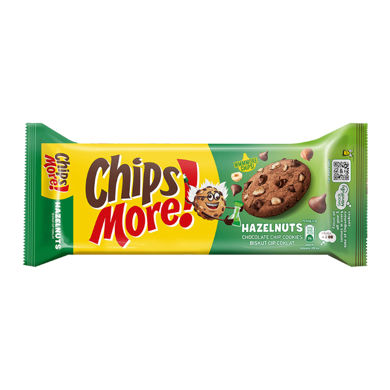 Front of Chips More! Hazelnut Cookies pack showing logo, hazelnut flavour and chocolate chip cookies in a vibrant green and yellow packaging (153g pack)