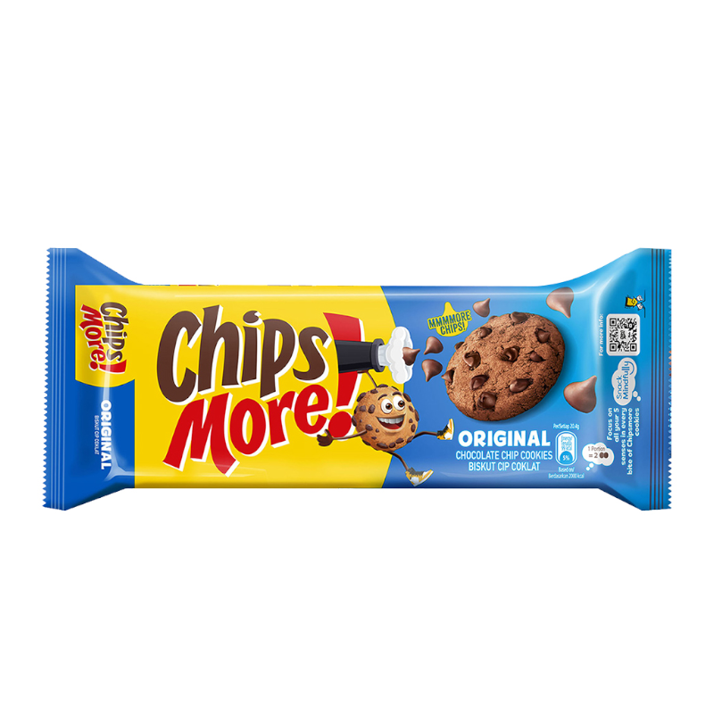Front of Chips More! Original Chocolate Chip Cookies pack showing logo, chocolate chip cookies, and pack size (153g)
