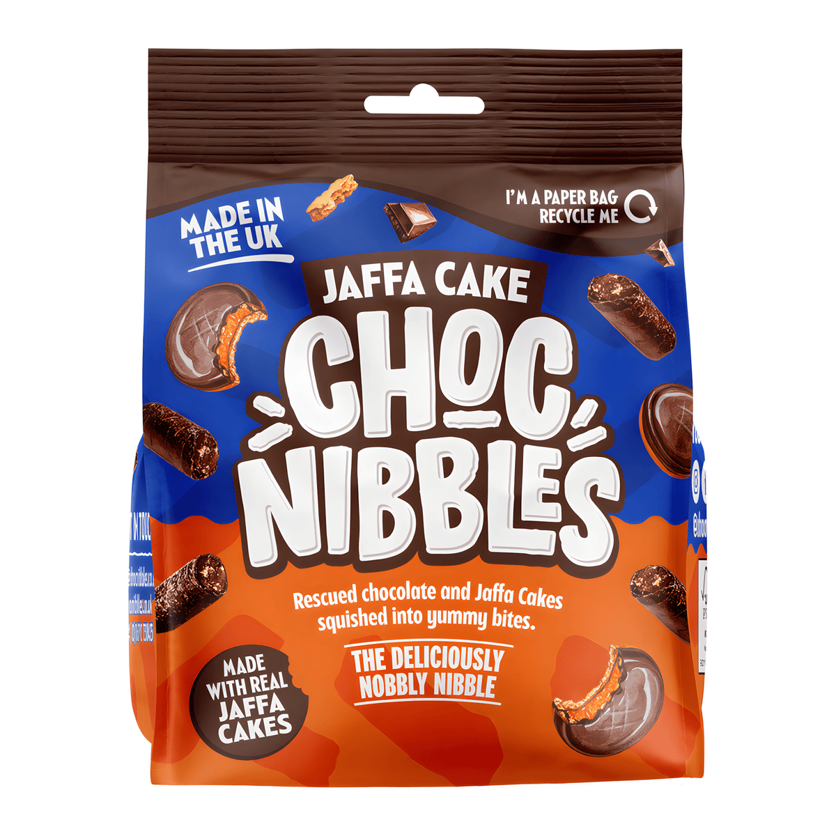 Front of Choc Nibbles Jaffa Cake Chocolate Bites 135g bag showing vibrant logo and images of chocolate and Jaffa Cakes.