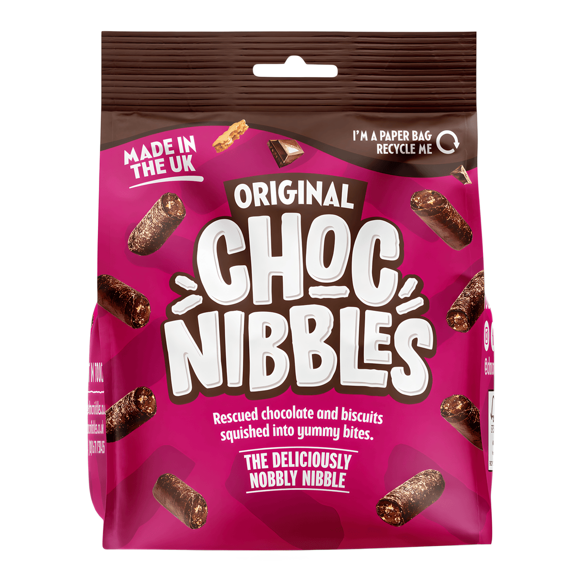 Front of Choc Nibbles Original Chocolate & Biscuit Bites bag showing pink packaging with the logo and images of chocolate and biscuits (135g pack)