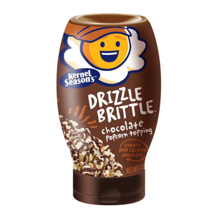 Front of Kernel Season's Chocolate Drizzle Brittle bottle showing brown label, logo, chocolate popcorn topping, and pack size (371g)