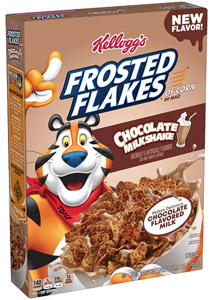 Front of Kellogg’s Frosted Flakes Chocolate Milkshake box featuring the logo, chocolate milkshake flavour label, and image of chocolatey cereal (329g pack)