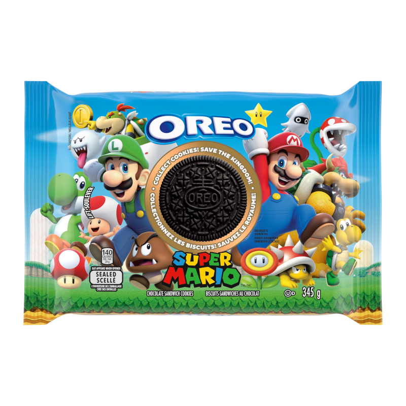 Front of Oreo Super Mario Cookies pack showing colourful design with Super Mario characters, chocolate sandwich cookies, and 385g size label