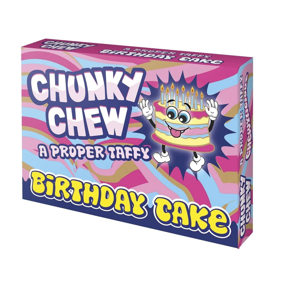 Front of Chunky Chew Birthday Cake Taffy pack showing colourful design, birthday cake illustration, and 100g label.