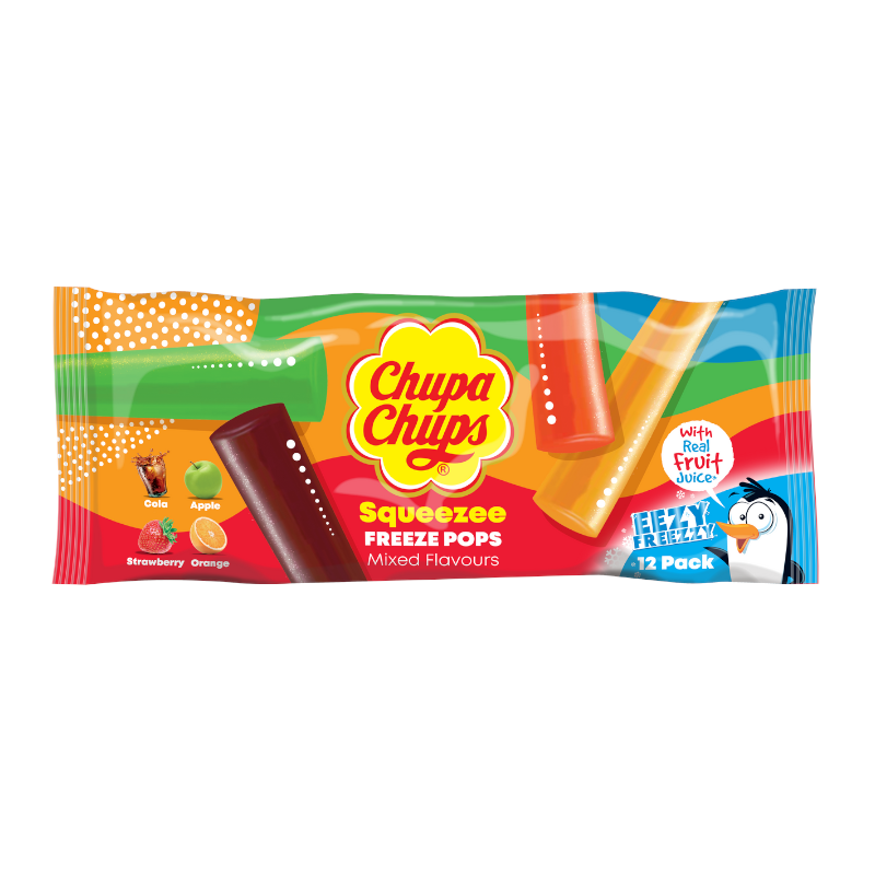 Front of Chupa Chups Squeezee Freeze Pops pack showing logo, mixed flavours including cola, apple, strawberry, and orange (12 pack, 540g)