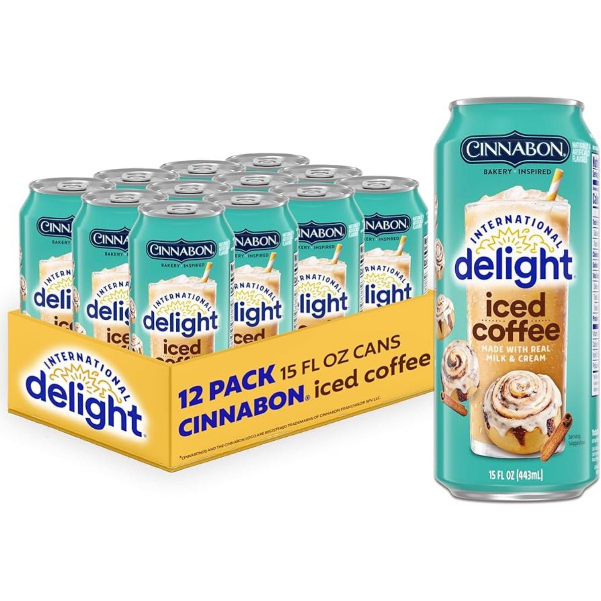 Front of Cinnabon Iced Coffee case showing multiple cans in a box, each can with Cinnabon logo and iced coffee label (12 x 443ml)