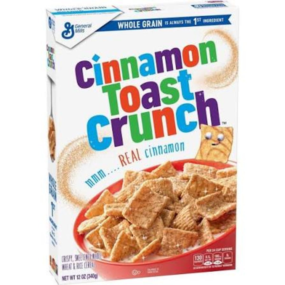 Front of Cinnamon Toast Crunch Cereal box showing colourful logo, real cinnamon details, and crispy cereal pieces (340g pack)