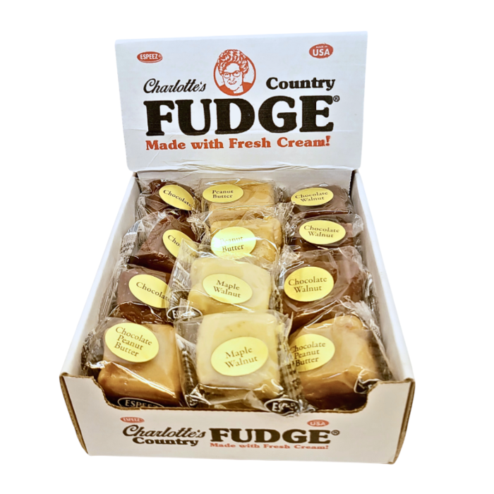 Front of Espeez Charlotte's Country Fudge Chocolate label showing logo and fudge details (35g)