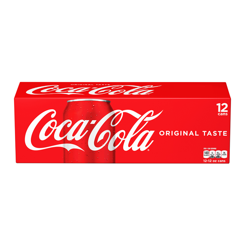 Front of Coca Cola Classic 12-pack case showing iconic logo and vibrant red design with 12 cans of original taste soda (355ml x12)