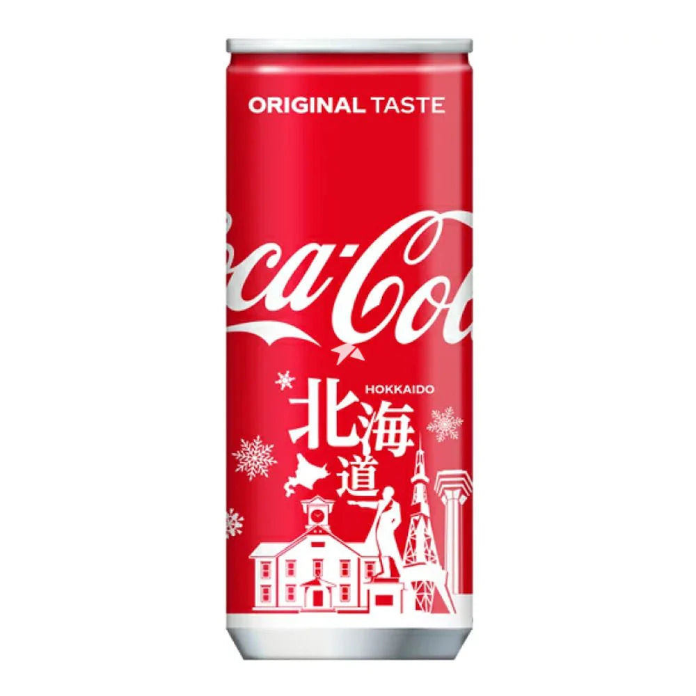 Front of Coca Cola Hokkaido City 250ml can featuring the classic red logo, regional Hokkaido design elements, and text indicating original taste