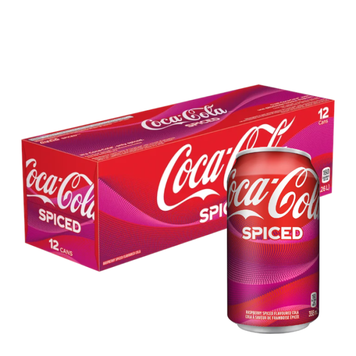 Front of Coca Cola Spiced case displaying bold red design, spiced flavour label, and pack size of 12 cans (355ml each)