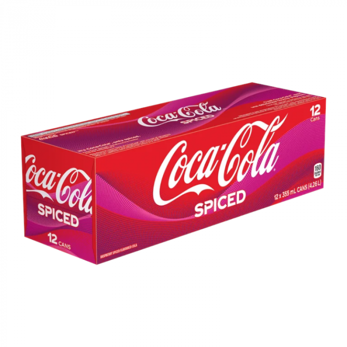 Front of Coca Cola Raspberry Spiced 12 pack showing logo, raspberry flavour label, and details of 355ml cans.