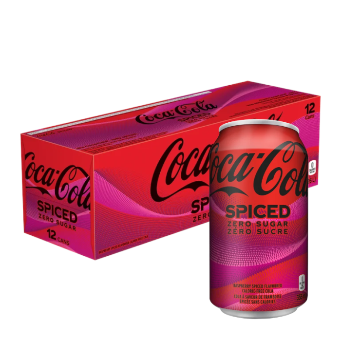 Front of Coca Cola Spiced Zero Sugar Case showing vibrant red packaging, spiced flavour label, and 12 cans (355ml x12)