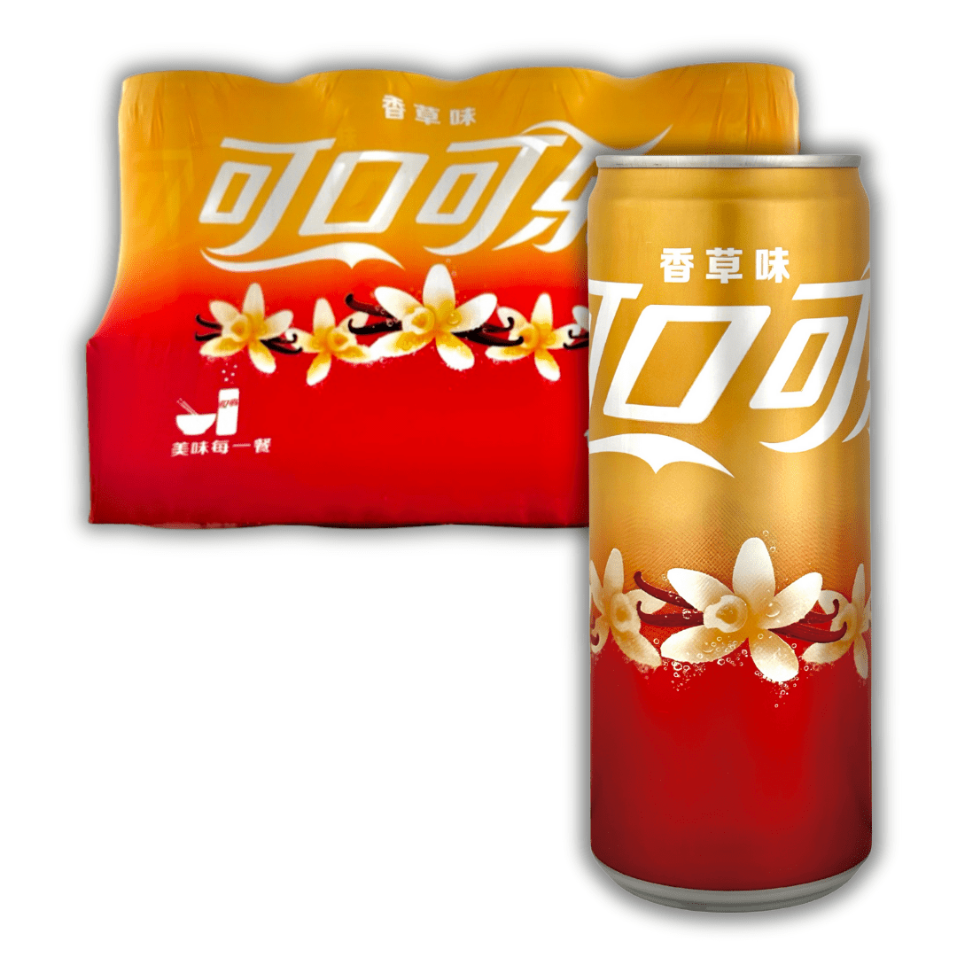 Front of Coca Cola Vanilla Case of 12 featuring the logo and vibrant design, with 330ml cans shown in the pack.