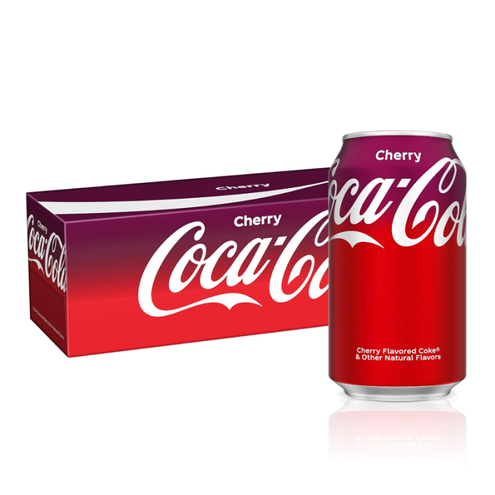 Cherry Coca-Cola can and packaging on a white background
