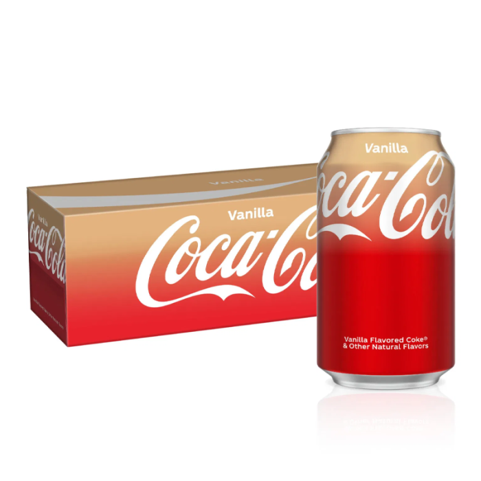 Vanilla Coca-Cola can and packaging on a white background