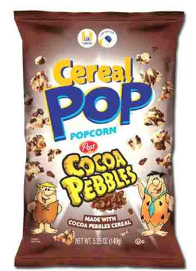 Front of Cereal Pop Cocoa Pebbles Popcorn bag showing logo, cocoa flavour popcorn, and cartoon characters (BIG BAG 149g)