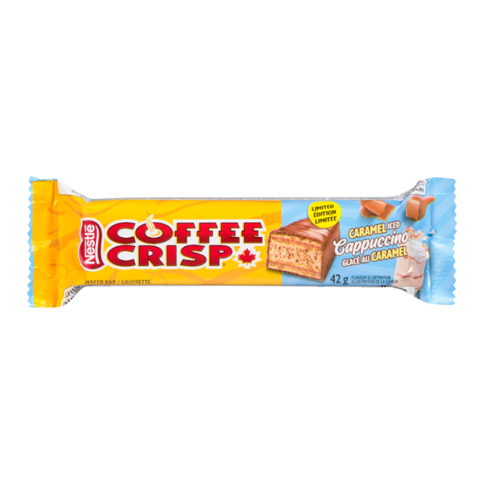 Front of Coffee Crisp Iced Caramel Cappuccino Bar showing bright logo, caramel and cappuccino flavour design, and pack size (42g)