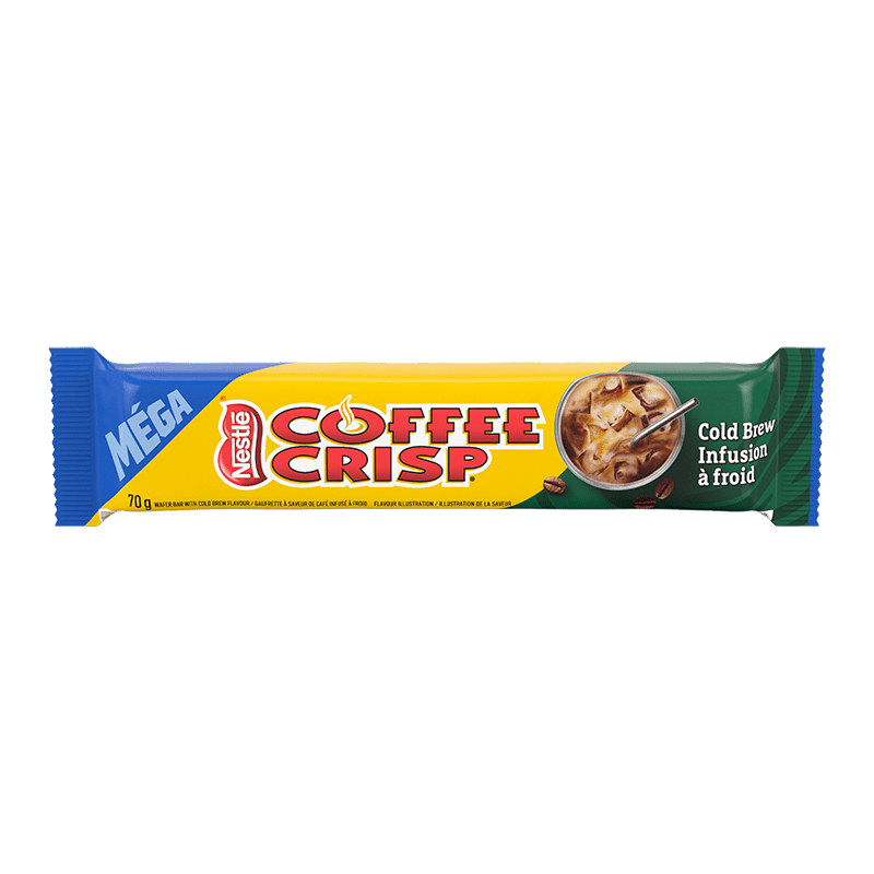 Front of Coffee Crisp Mega Cold Brew bar showing the vibrant yellow logo, cold brew flavour details, and 70g pack size.
