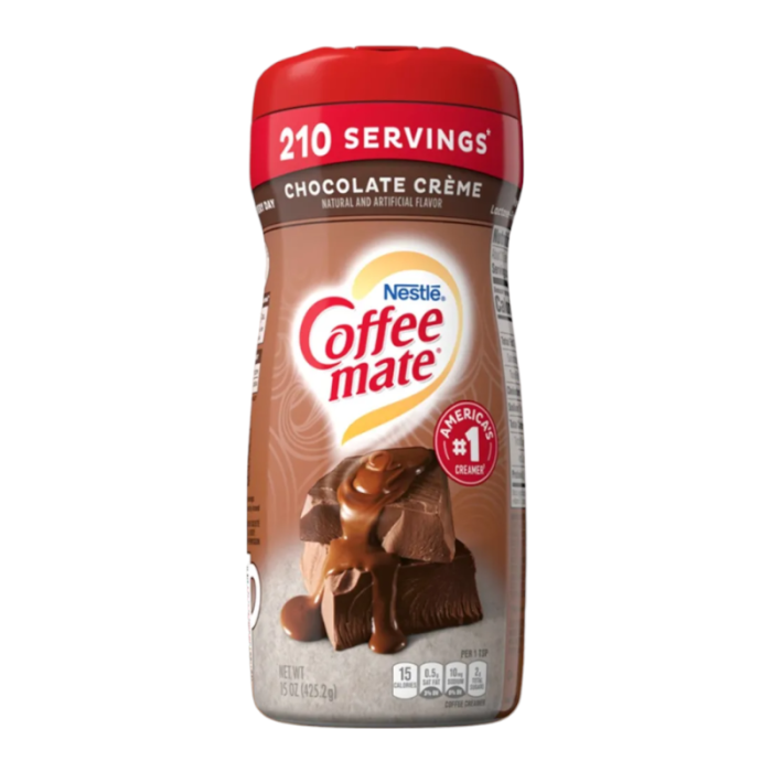 Front of Coffee-Mate Chocolate Créme tub showing chocolate flavour label and pack size of 425g