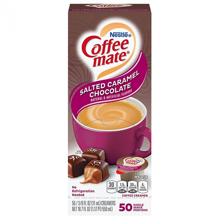 Front of Coffee-Mate Salted Caramel Chocolate Liquid Creamer container showing brand logo, flavour description, and a cup of coffee with chocolates (50 single serve portions)