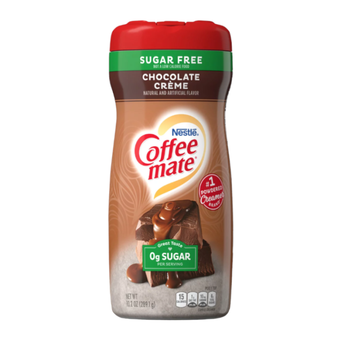 Front of Coffee-Mate Sugar Free Chocolate Créme container showing logo, chocolate flavour label, and pack size (289.1g)