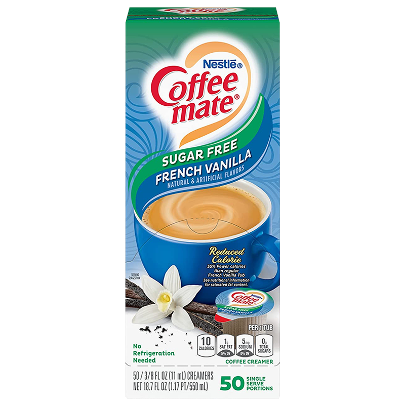 Front of Coffee-Mate Sugar Free French Vanilla Liquid Creamer packaging showing the logo, flavour, and details about single serve portions (50 servings)