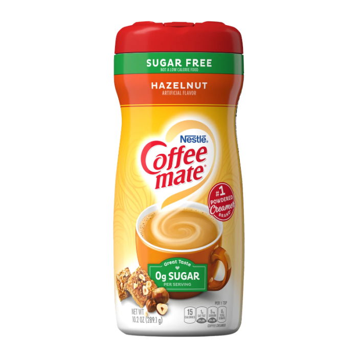 Front of Coffee-Mate Sugar Free Hazelnut container showing distinct brand logo, sugar-free label, hazelnut flavour, and coffee imagery (289.1g pack)