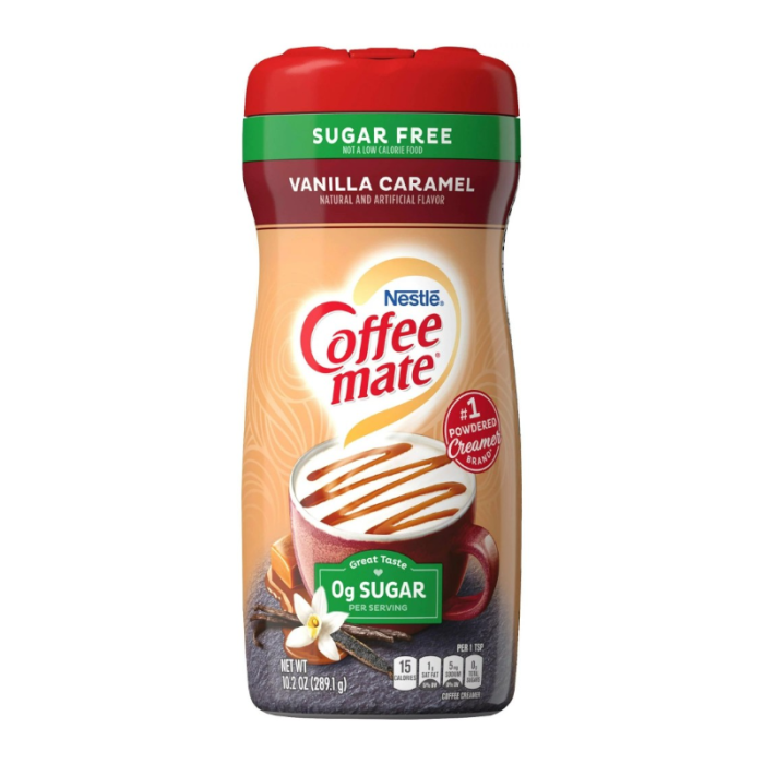 Front of Coffee-Mate Sugar Free Vanilla Caramel 425g canister showcasing the logo, sugar-free label, and image of a creamy cup of coffee with caramel drizzle.