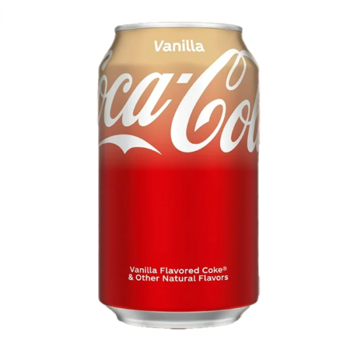 Front of Coca Cola Vanilla can featuring the classic Coca Cola logo, a smooth vanilla label, and vibrant red colour (355ml pack)