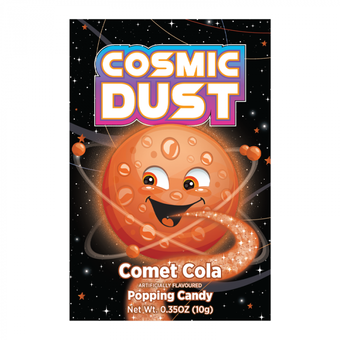 Front of Cosmic Dust Comet Cola Popping Candy pack showing bright logo, cartoon comet character, and popping candy details (10g pack)