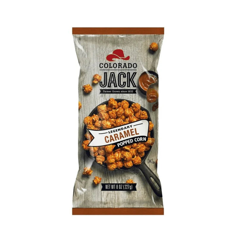 Front of Colorado Jack Caramel Popcorn bag featuring a bowl of caramel popcorn, brand logo, and pack size (227g)
