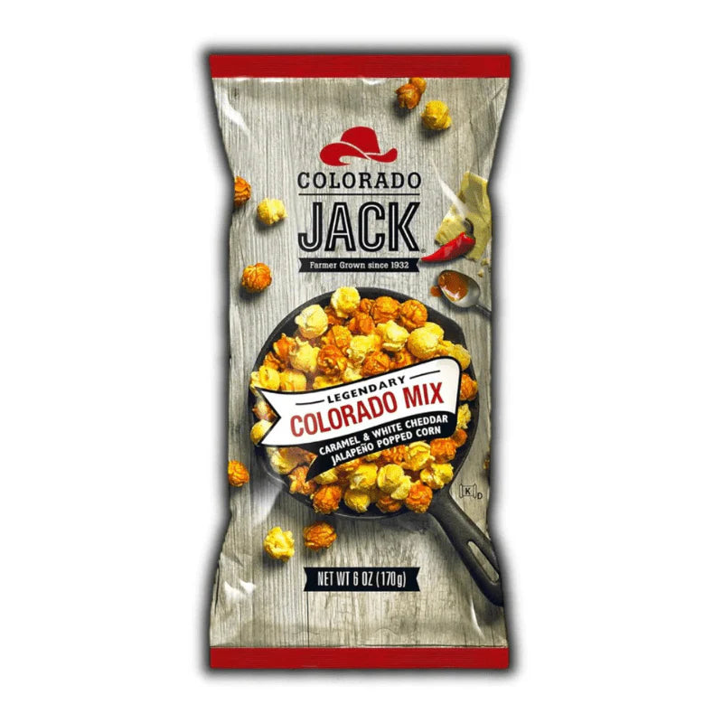 Front of Colorado Jack Colorado Mix Popcorn bag showing brand logo, flavour details of caramel & white cheddar jalapeno, and 170g pack size